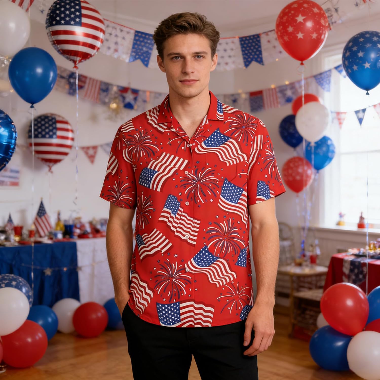 4th of July Hawaiian Shirt for Men Independence Day Patriotic Casual Beach Shirt for Parade Party