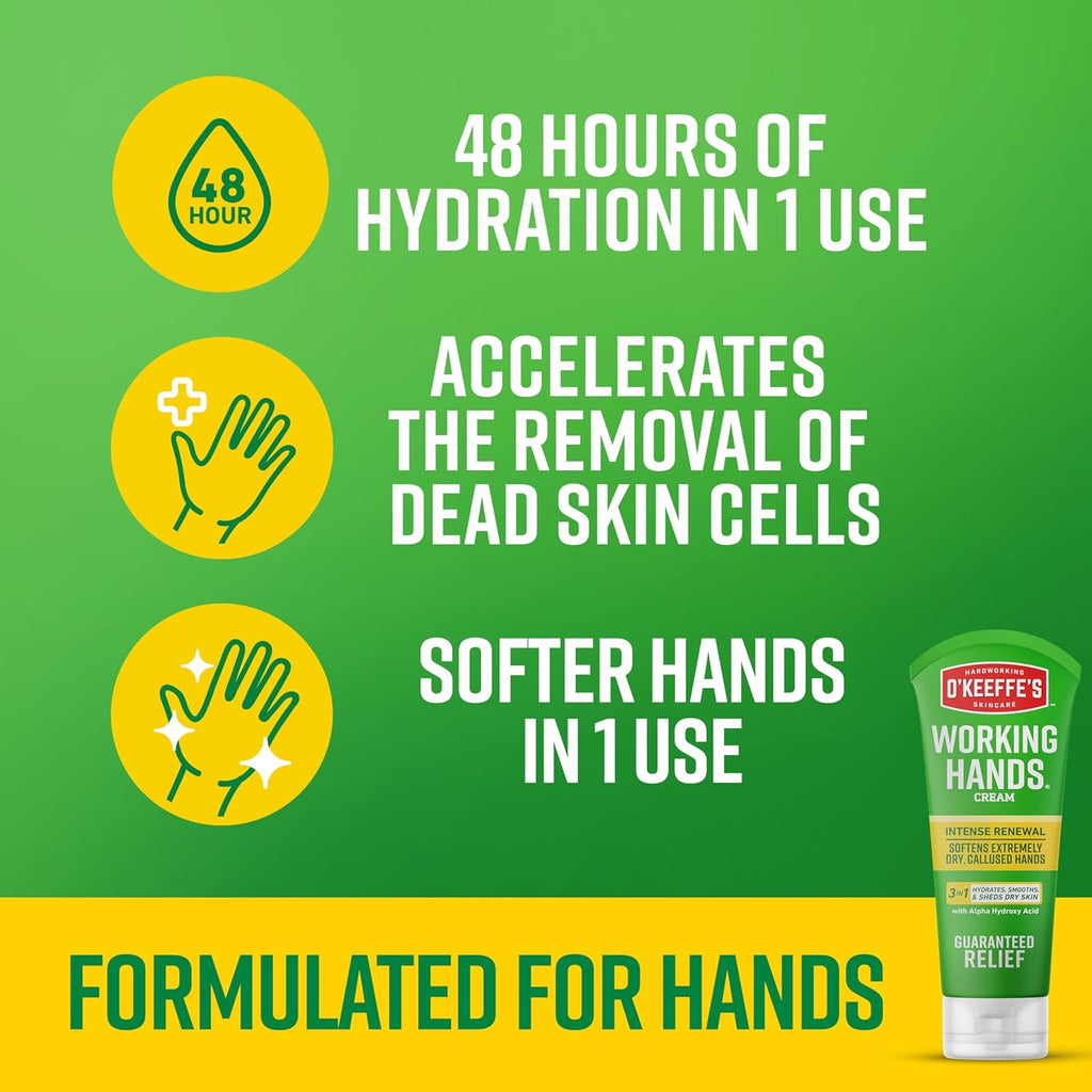 O'Keeffe's Working Hands Intense Renewal Hand Cream with Urea, 3 oz Tube (Pack of 1) – Softens & Smooths Extremely Dry, Callused Hands