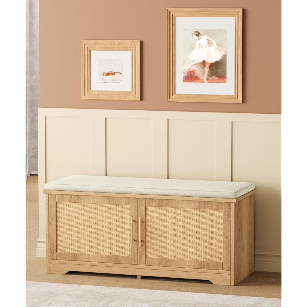 Rattan Shoe Storage Bench, 39.4" Wide Entryway Bench, Natural Oak | Hidden Shoe Organizer Cabinet With Cushion, Shoe Rack Bench With Adjustable Shelves, For Hallway Living Room, Natural Oak