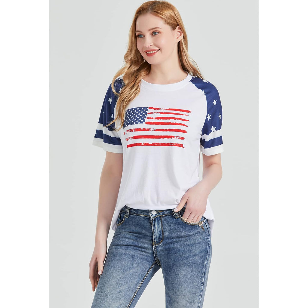 Patriotic Shirts for Women 4th of July T Shirts American Flag Graphic Tees Tops Raglan Short Sleeve Fourth of July Outfits