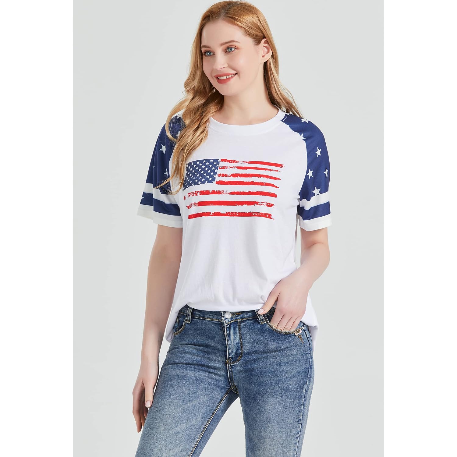 Patriotic Shirts for Women 4th of July T Shirts American Flag Graphic Tees Tops Raglan Short Sleeve Fourth of July Outfits