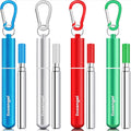 Cruise Ship Essentials,4-Pack Reusable Collapsible Stainless Steel Drinking Straws With Aluminum Case,Cleaning Brush,And Keychains-Silver,Blue,Red,Green