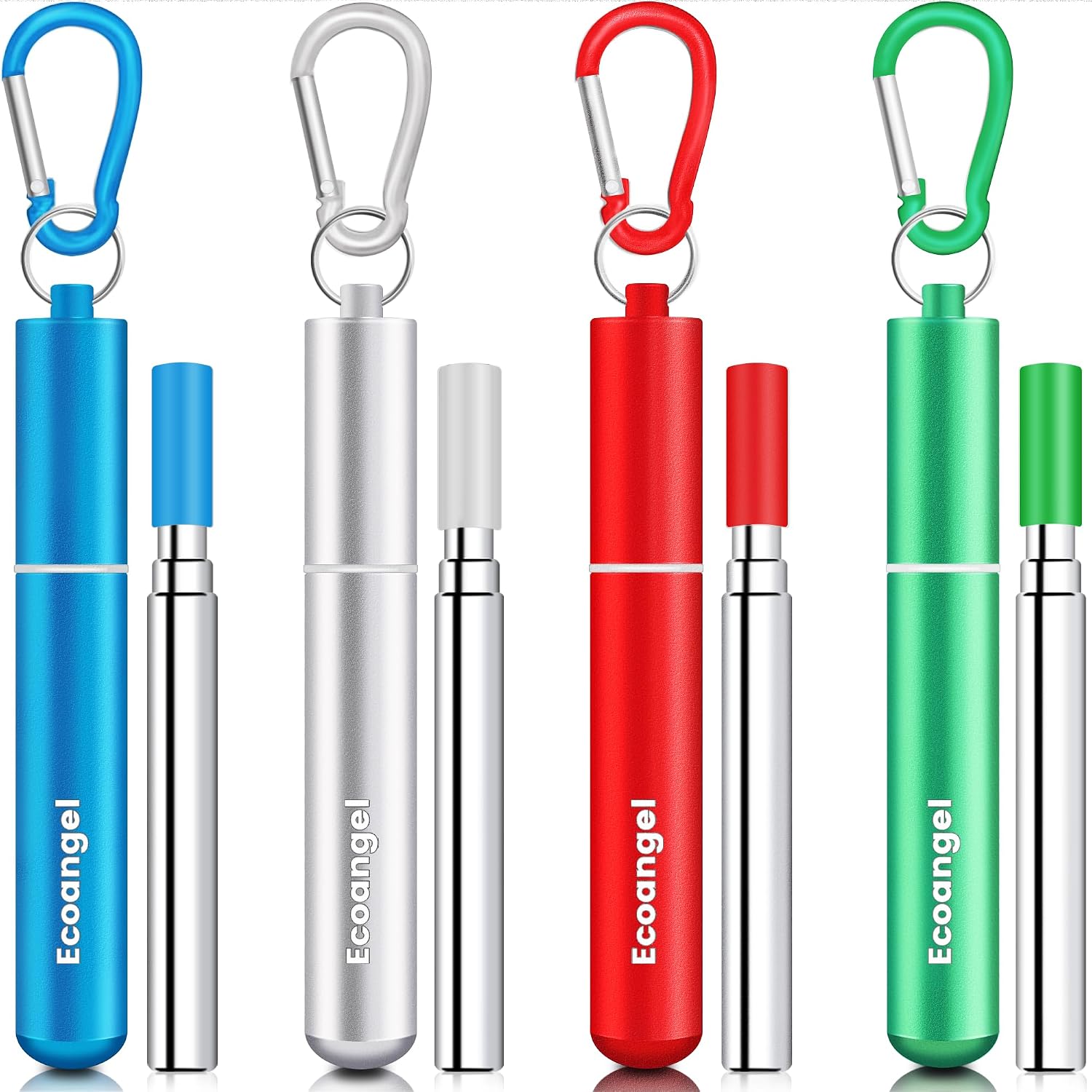 Cruise Ship Essentials,4-Pack Reusable Collapsible Stainless Steel Drinking Straws With Aluminum Case,Cleaning Brush,And Keychains-Silver,Blue,Red,Green