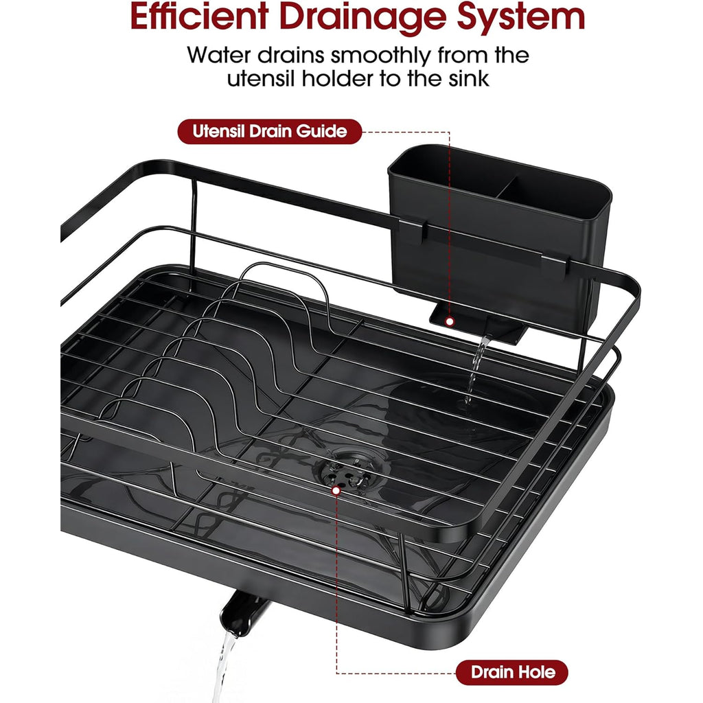 Sakugi Stainless Steel Dish Drying Rack for Kitchen Counter, Sink Organization and Storage Essentials with Silverware & Utensil Holder, Home and Apartment Decor, 12''W x 15.5''L, Black