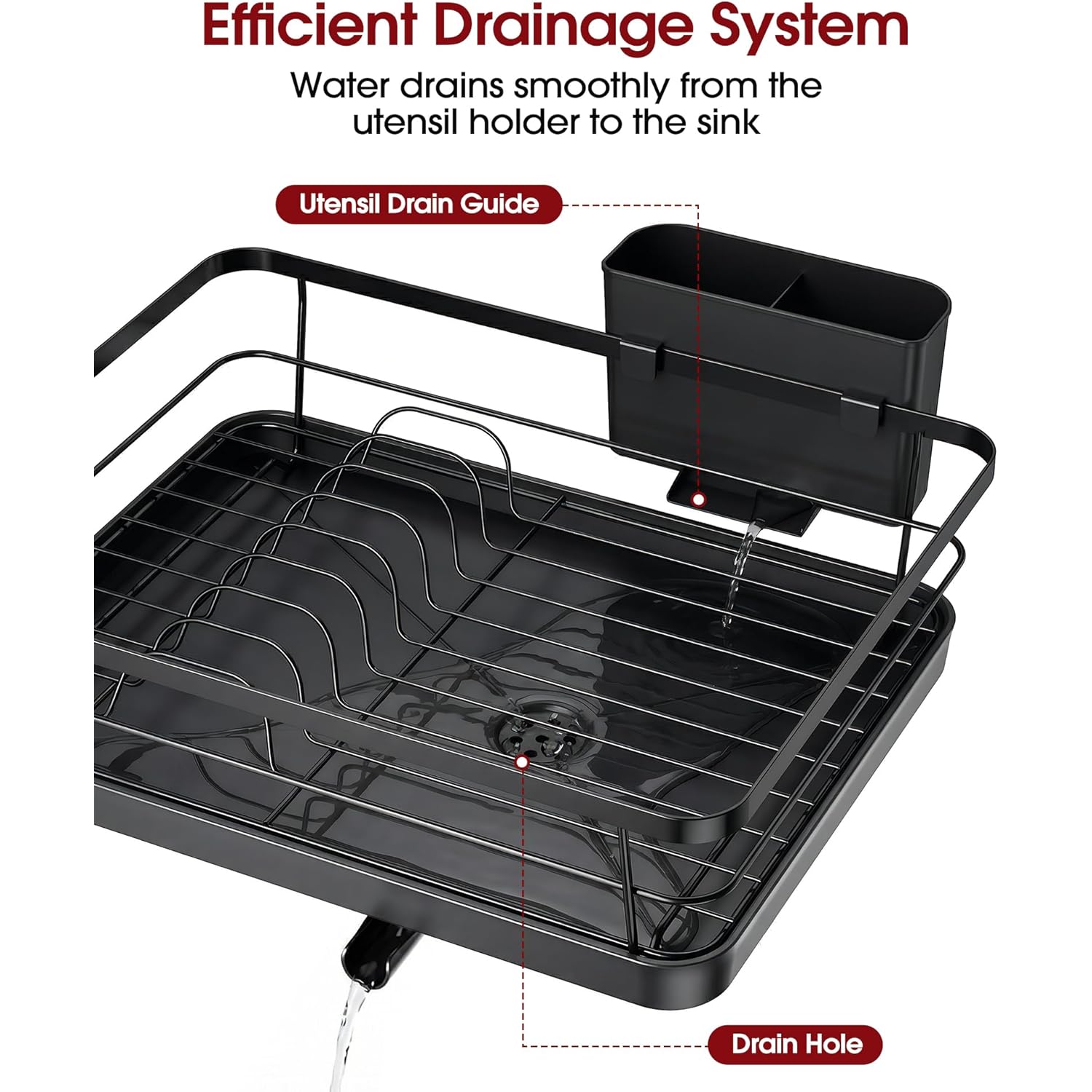 Sakugi Stainless Steel Dish Drying Rack for Kitchen Counter, Sink Organization and Storage Essentials with Silverware & Utensil Holder, Home and Apartment Decor, 12''W x 15.5''L, Black