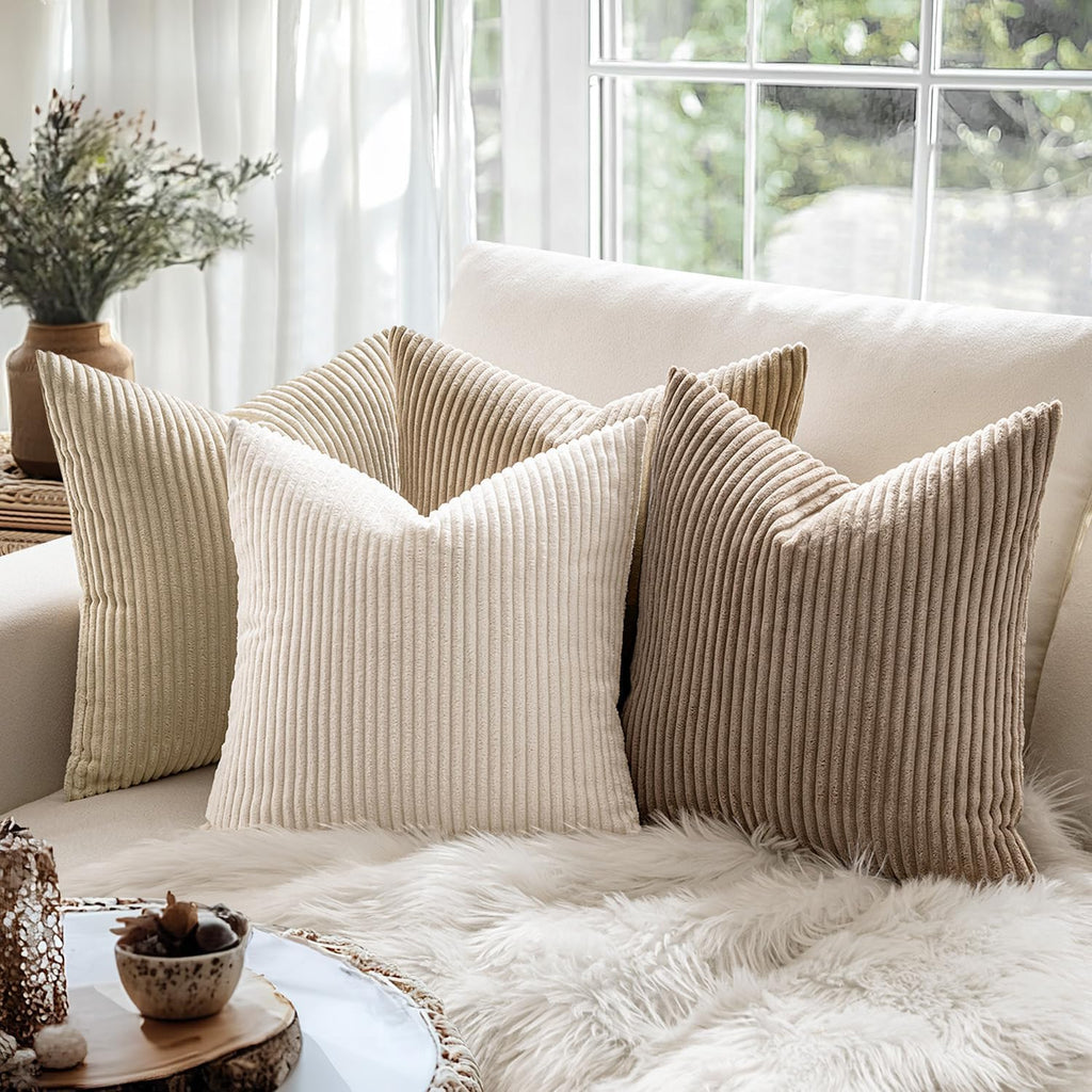 Miulee Decorative Corduroy Throw Pillow Covers Set Of 2 18X18 Cream White | Soft Solid Striped Textured Cushion Cases For Couch Chair Sofa Bed Living Room Boho Square Pillowcases For Home Decor