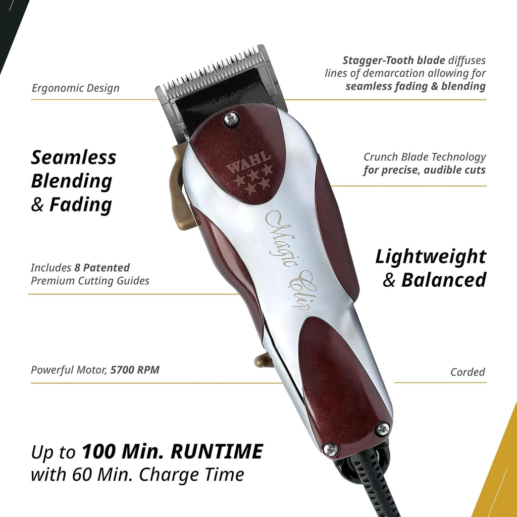 Wahl Professional 5 Star Series Magic Clip Precision Fade Clipper With Zero Overlap Adjustable Blades, Corded Operation, V9000 Motor, Chrome