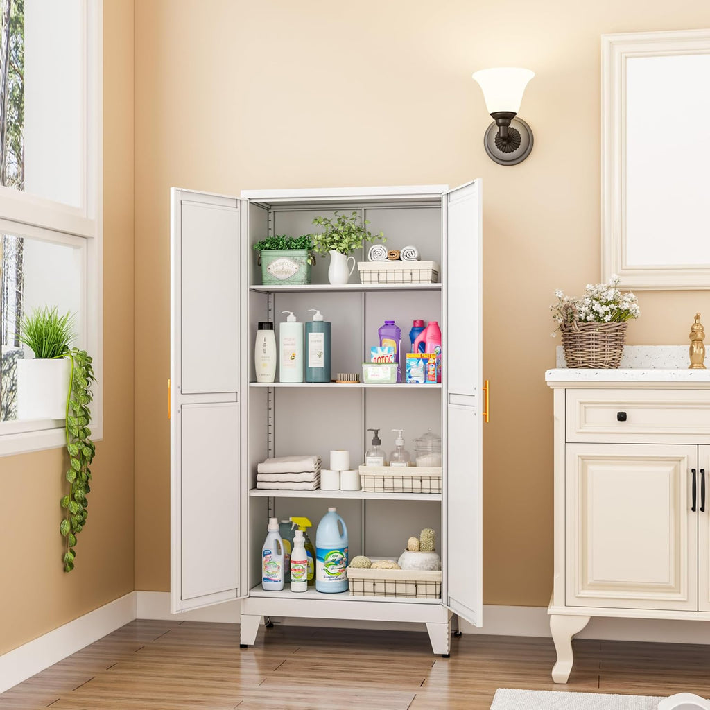 Metal Pantry Cabinet, Kitchen Pantry Storage Cabinets With 2 Door And 3 Adjustable Shelves, White Kitchen Pantry Cabinet, Freestanding Cupboard For Dining Room Living Room Bathroom