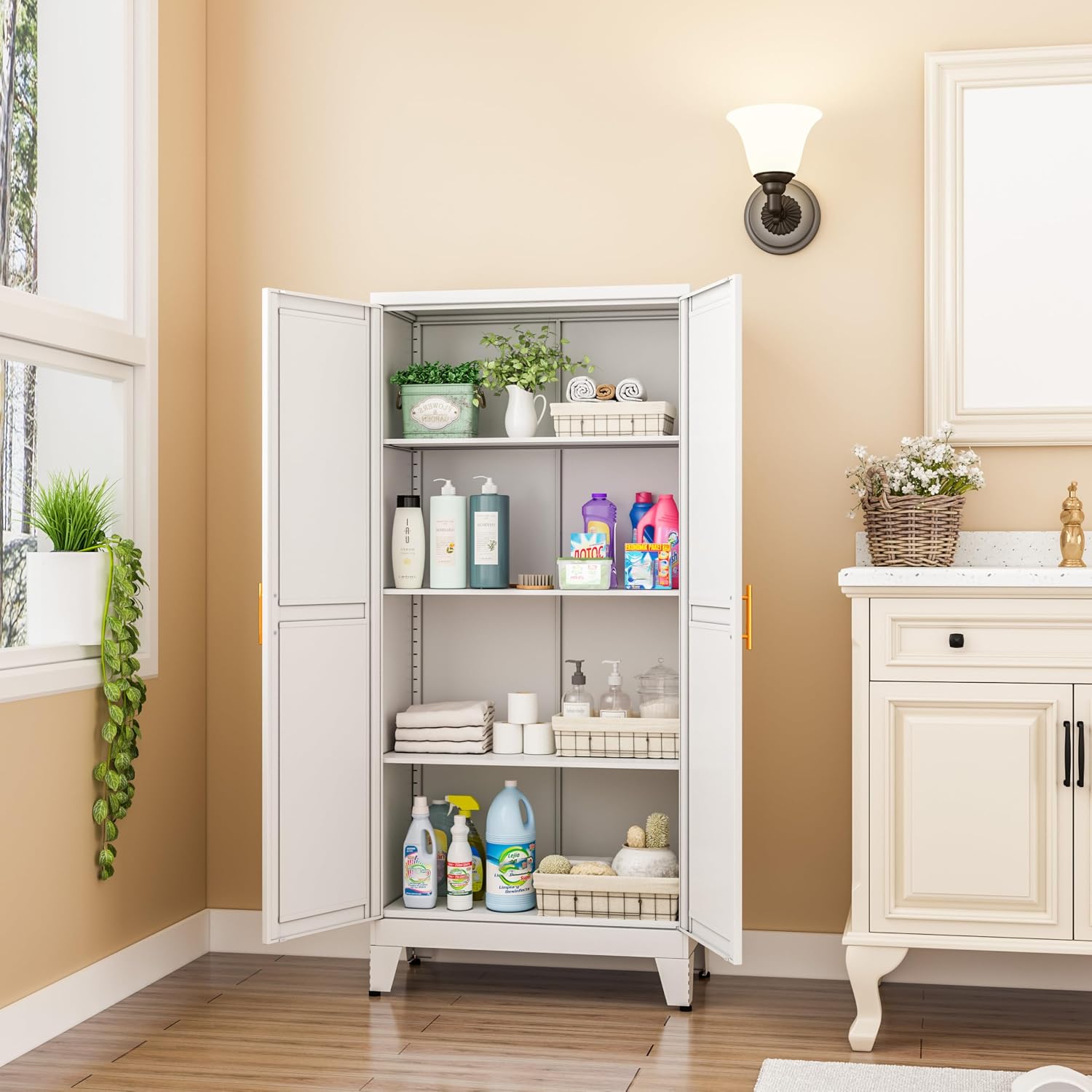 Metal Pantry Cabinet, Kitchen Pantry Storage Cabinets With 2 Door And 3 Adjustable Shelves, White Kitchen Pantry Cabinet, Freestanding Cupboard For Dining Room Living Room Bathroom