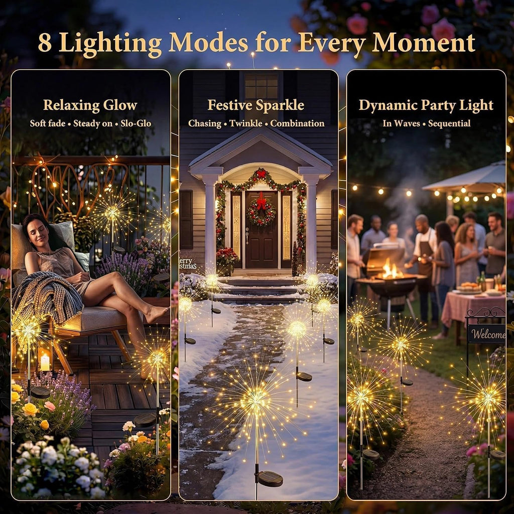 Solar Firework Lights Outdoor 4 Pack, 120Led Solar Starburst Garden Lights With 8 Modes,Waterproof Decorative Fairy Light For Backyard, Garden, Patio & Lawn Landscape Decor