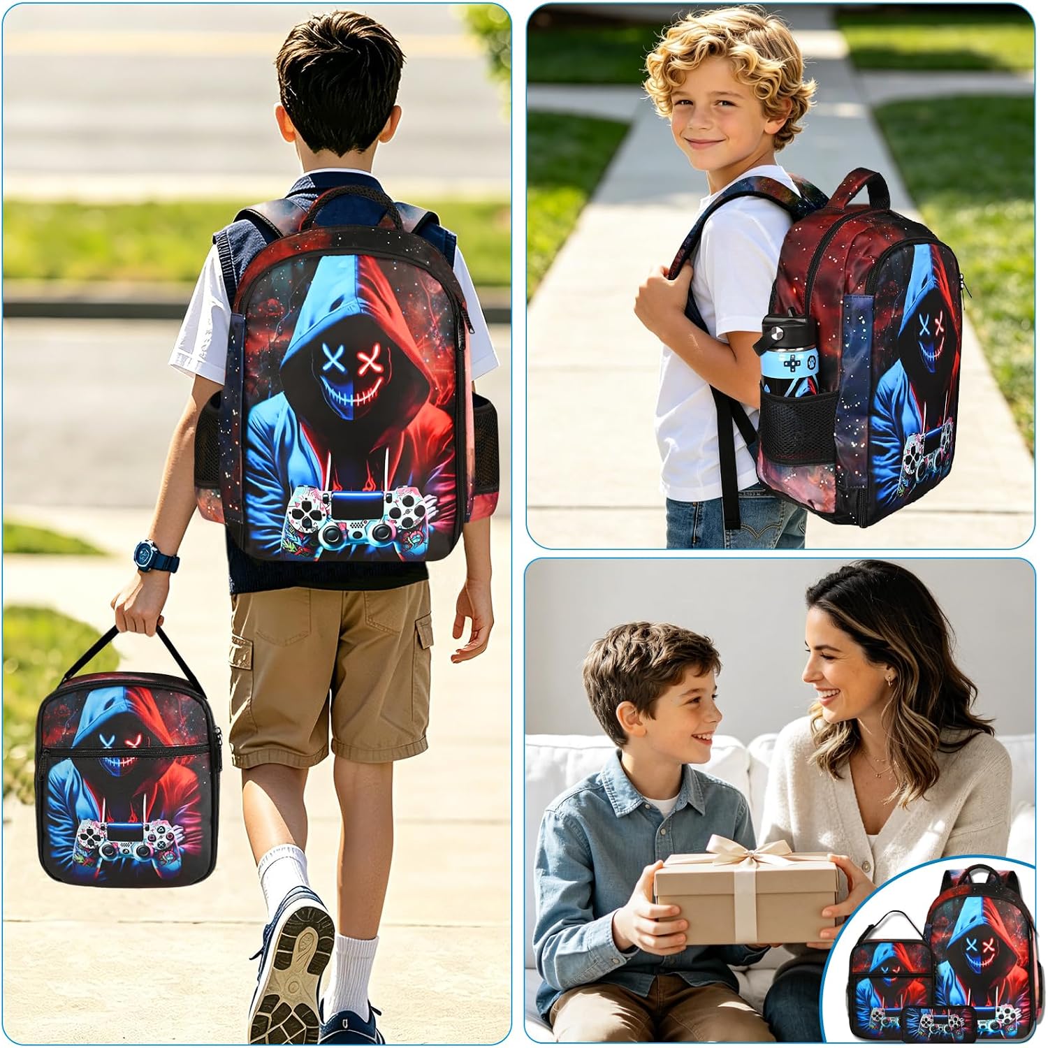 Boys Backpack With Lunch Box And Pencil Case, 3Pcs Gamer Backpack For Boys Teens, 17 Inch Large Capacity