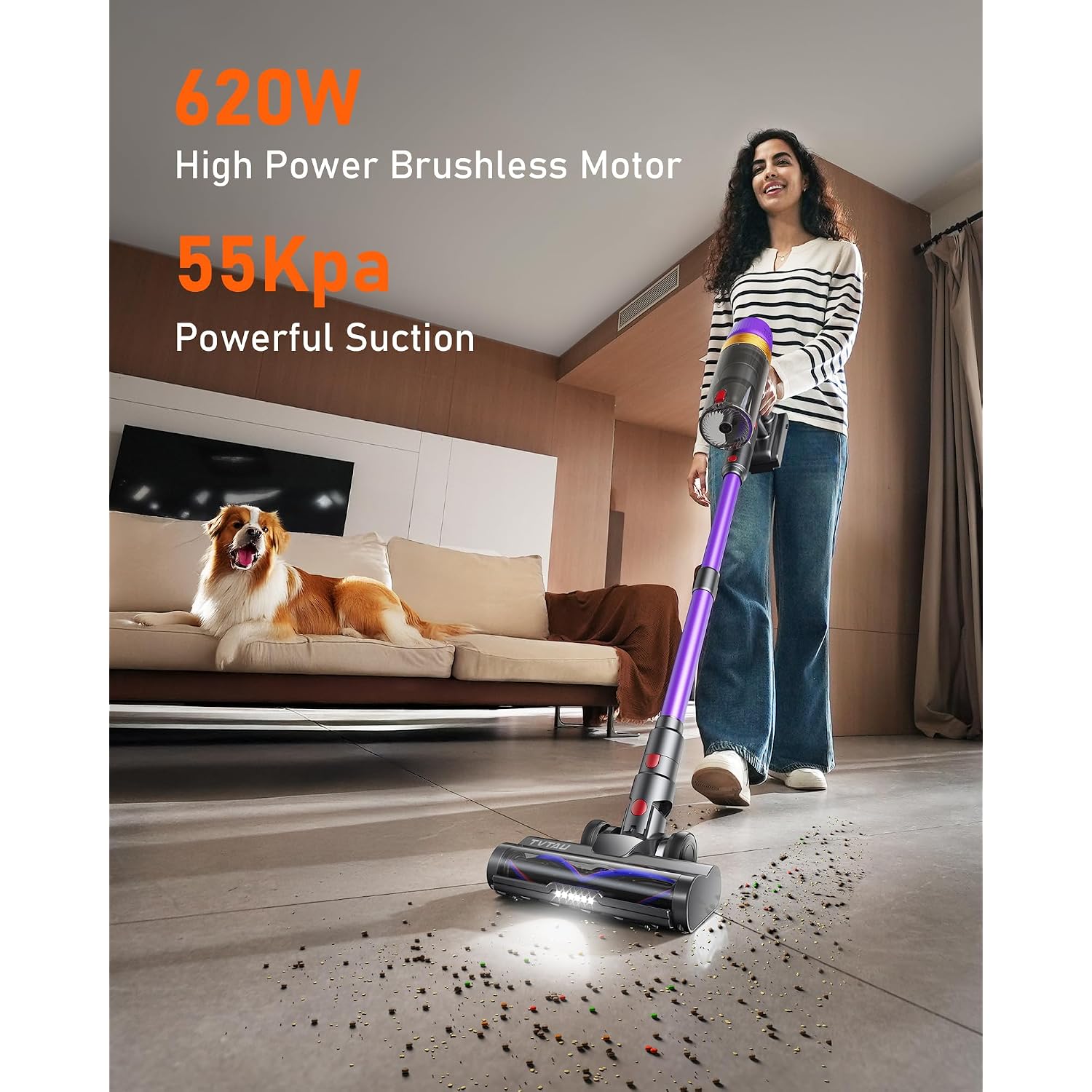 Cordless Vacuum Cleaner, Self-Standing 620W 55Kpa 75Min Runtime Stick Vacuum For Home, 1.8L Dust Cup, Led Display, Anti-Tangle, 8-Stage Filtration, For Hardwood Floor Carpet Pet Hair
