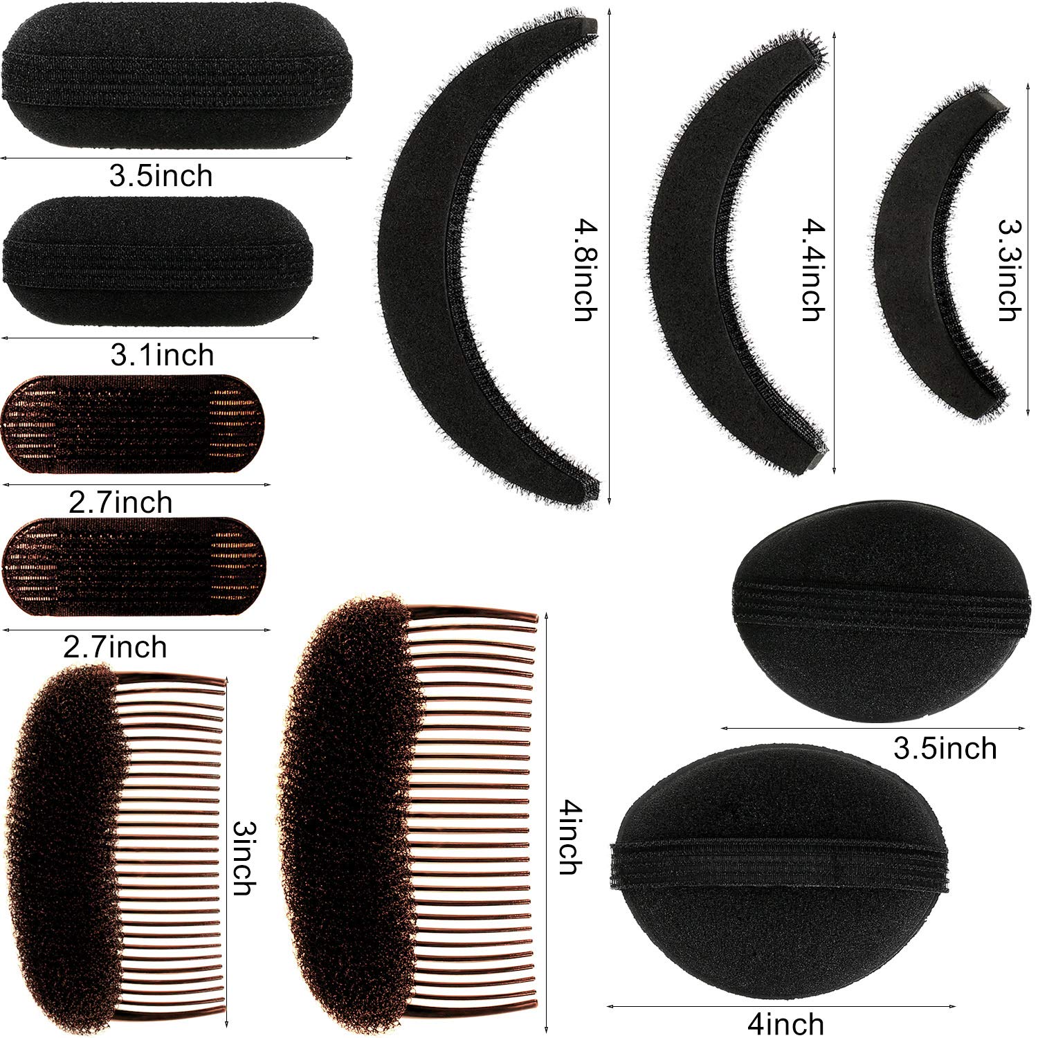11 Pieces Hair Bump Sponge Volume Hair Bases Set Bump It Accessory For Volume Insert Styling Tools Up Combs Clips Sponge Bun Updo Accessories For Women Diy Hairstyles(Black, Brown)