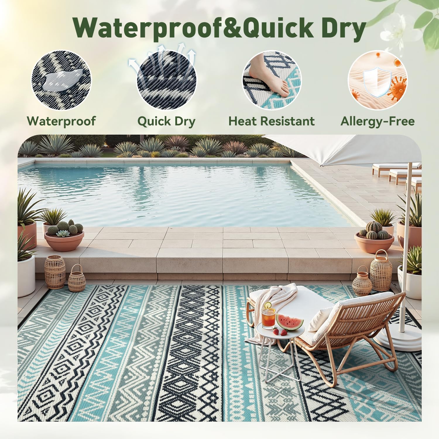 Montvoo Outdoor Rug Carpet Waterproof-Patio Rug Mat 5X8 Reversible Rv Outdoor Camping Rugs Picnic Beach Mats Plastic Straw Outside Rugs For Balcony Porch Pool Deck Boho Patio Decor