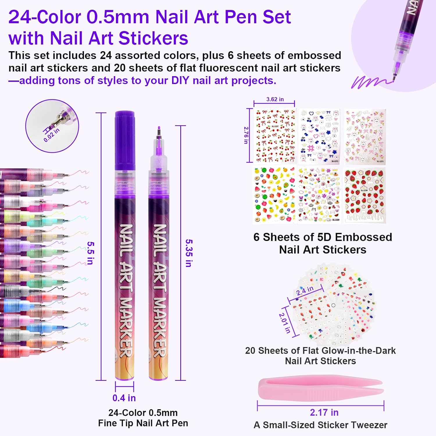 24 Color 0.5mm Fine Tip Nail Art Pen Set - Non-Toxic, Quick-Drying Nail Art Markers with 26 Nail Stickers, Leak-Proof Design for DIY Nail Art, Greeting Cards, Object Painting & Holiday Doodling