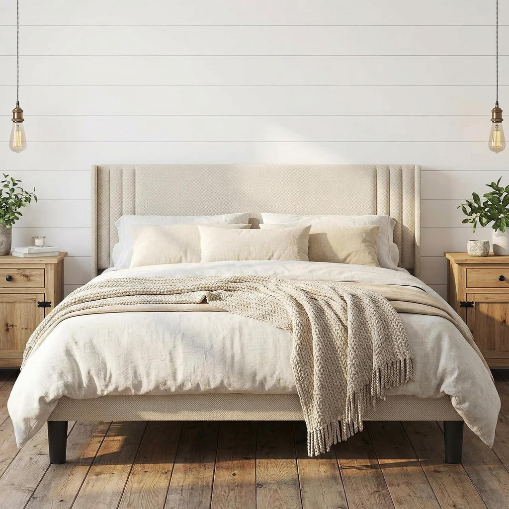 Gizoon Queen Bed Frame With Wingback Headboard, Upholstered Platform Bed, Wooden Slats, Noise-Free, No Box Spring Needed, Easy Assembly