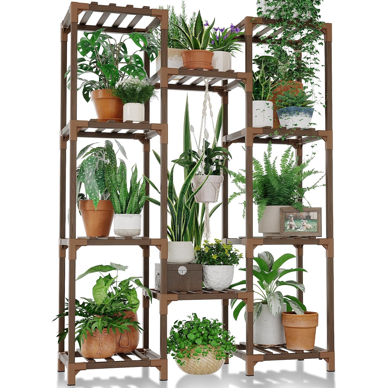 Bamworld Plant Stand Indoor Outdoor Tall Plant Shelf For Multiple Plants Pots Wood Flower Stand Large Flower Holder For Living Room, Patio, Balcony, Garden Decor, Brown