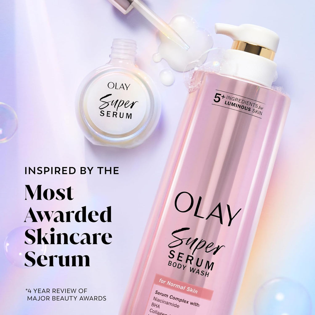 Olay Super Serum Body Wash For Normal Skin, 24Hr Long Lasting Hydration, 5+ Ingredient Serum Complex For Bright Even Firm Luminous Skin, 18.5 Fl Oz