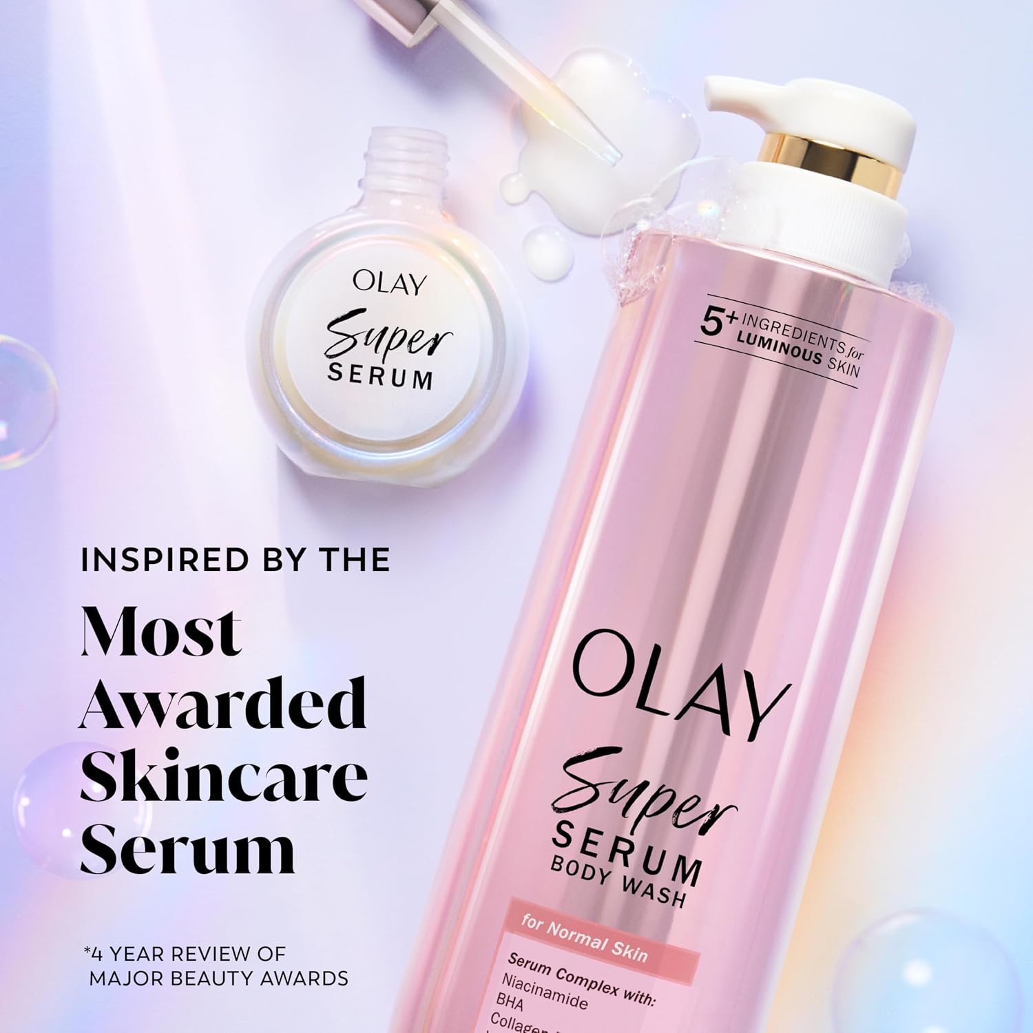 Olay Super Serum Body Wash For Normal Skin, 24Hr Long Lasting Hydration, 5+ Ingredient Serum Complex For Bright Even Firm Luminous Skin, 18.5 Fl Oz