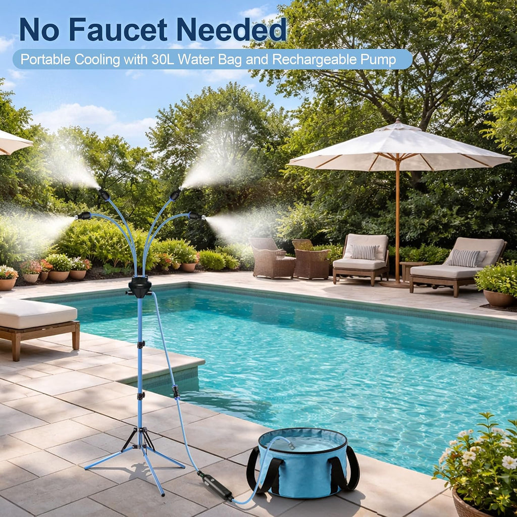 Misters For Outside Patio, Portable Standing Misting System With 30L Water Bag And Rechargeable Pump, Up To 6 Hours Runtime, Outdoor Cooling Mister For Backyard, Beach, Camping, Porch