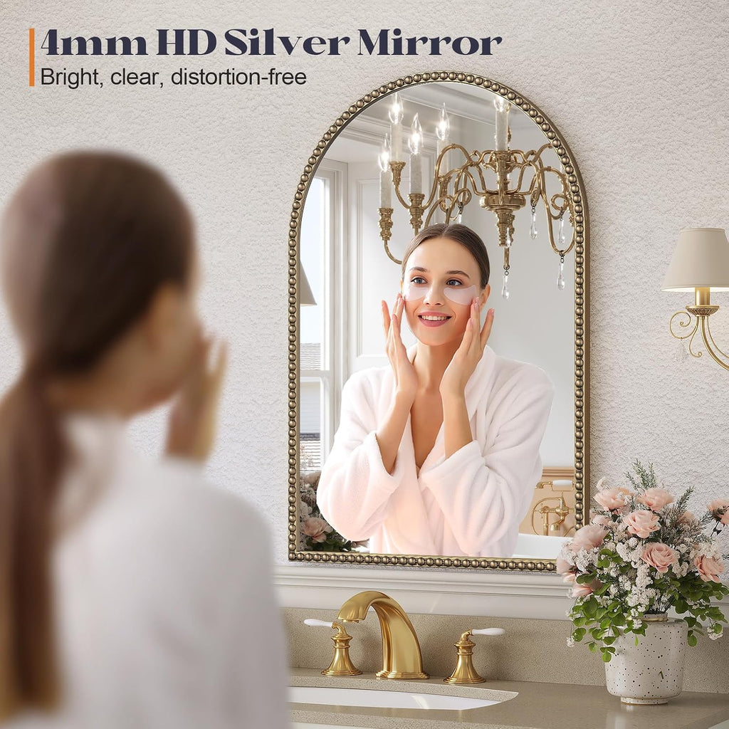 Beaded Mirror Gold Arched, 24"X36" Champagne Bronze Mirror For Bathroom, Antique Brass Beaded Mirrors With Metal Frame- Arch Vanity Wall Mirrors For Bedroom,Fireplace,Over Sink,Entryway