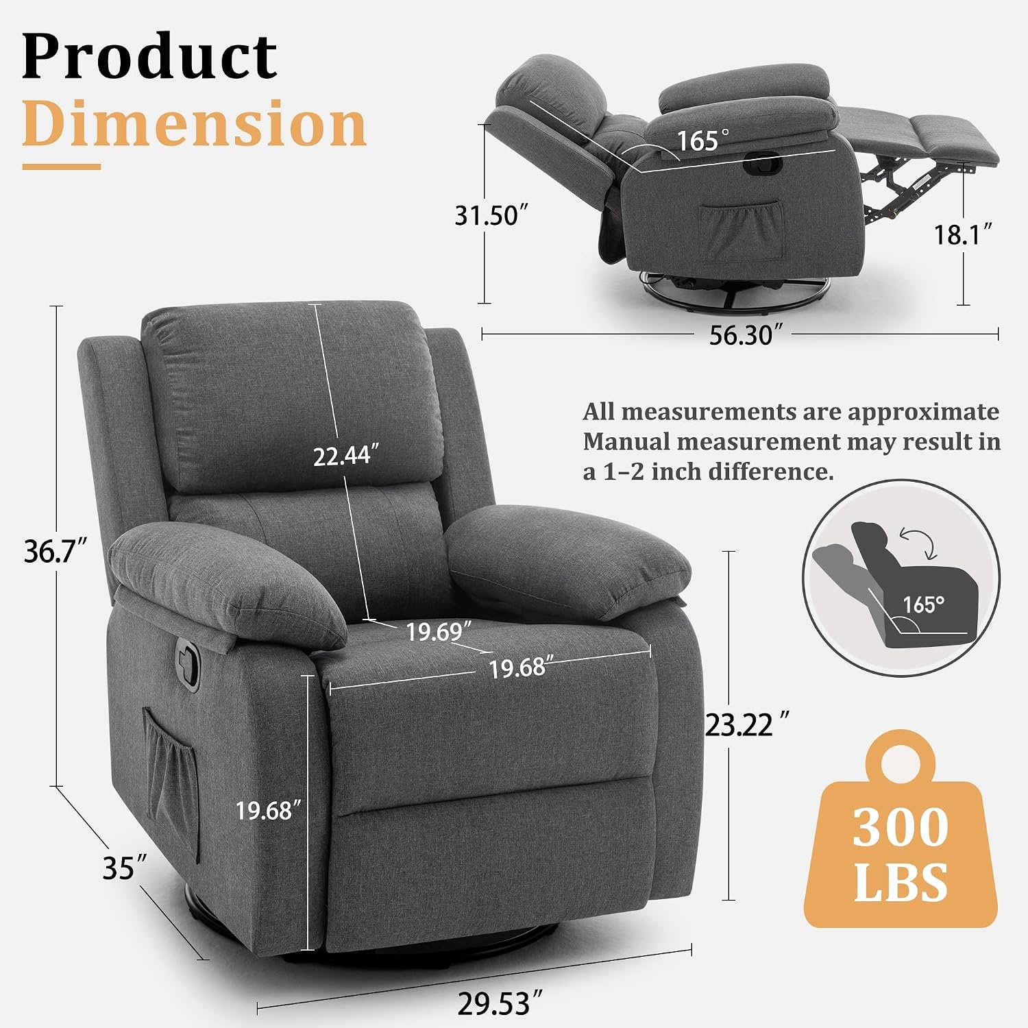 Korser Recliner Chair, 360 Swivel Rocker Chair For Adults, Small Rocking Recliner For Small Spaces, Upholstered Fabric Glider Recliner Nursery