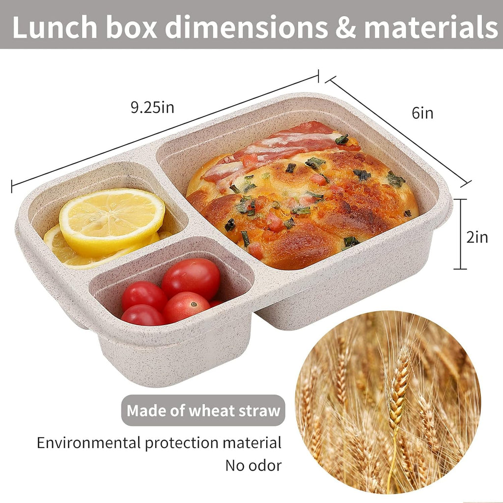 Buluker 4 Pack Bento Lunch Box Set 3 Compartment Food Storage Containers Wheat Straw Meal Prep Lunch Box Plastic Food Storage Containers, Microwave And Dishwasher Safe (Light Colour)