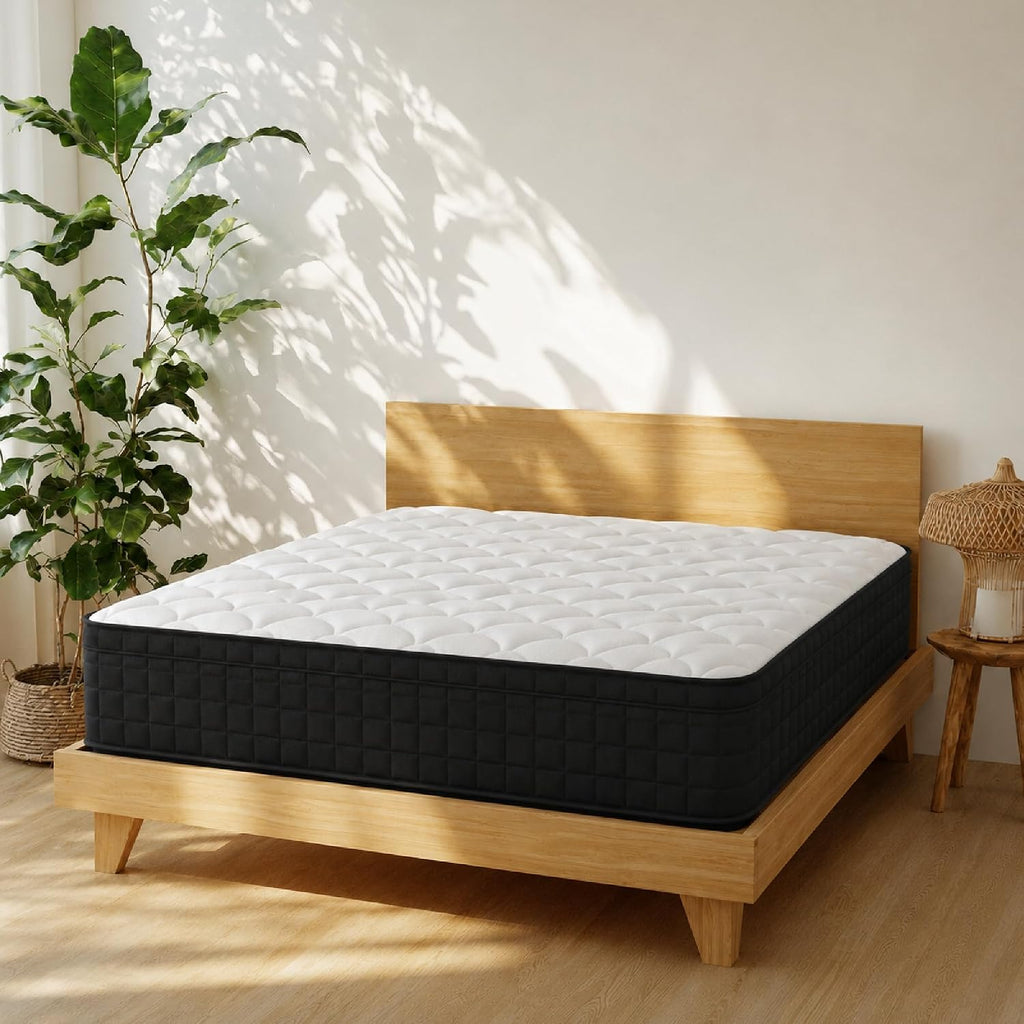 Full Size 12 Inch Hybrid Innerspring Mattress, Individual Pocket Coils Gel Memory Foam, Medium Soft Black & White Cover, Fiberglass Free Certipur-Us Certified Compressed Bed In A Box, 54" X 75"