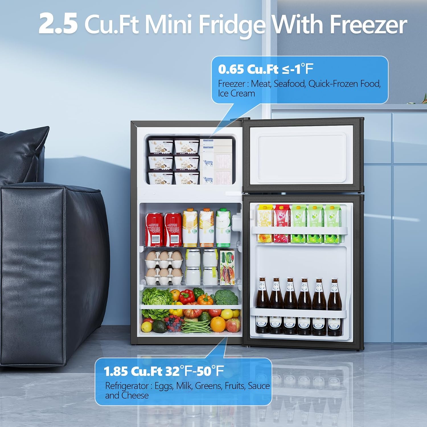 Electactic 2.5 Cu.Ft Mini Fridge With Freezer, Double-Door Compact Refrigerator, Adjustable Glass Shelves, Mechanical Thermostat & Leveling Feet, Space-Saving For Apartment/Dorm/Office, Black