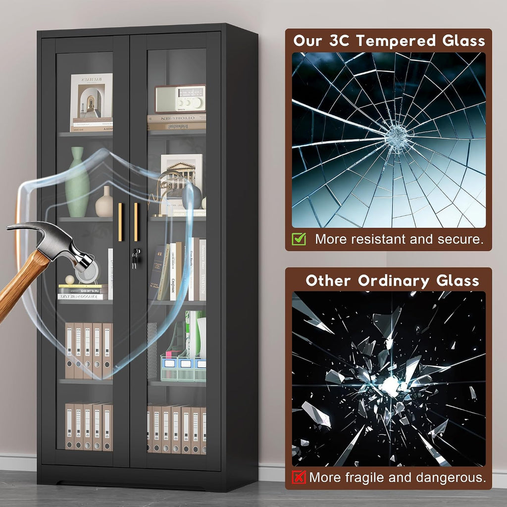 Lockable Display Cabinet With Glass Doors, Curio Cabinets With 4 Adjustable Shelves, Liquor Bookcase Bookshelf With Doors, Metal Storage Cabinet For Living Room Pantry, Black