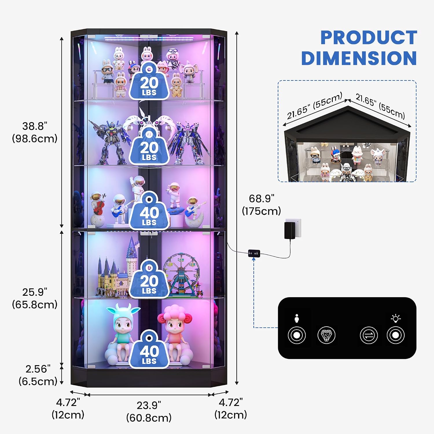 5-Tiers Corner Display Cabinet With Rgb Lights For Collectibles, Black | 69" Tall Curio Cabinet Display Case With Lock, Showcase Display Shelf For Books,Collectibles,Liquor,Living Room,E-Sports Room