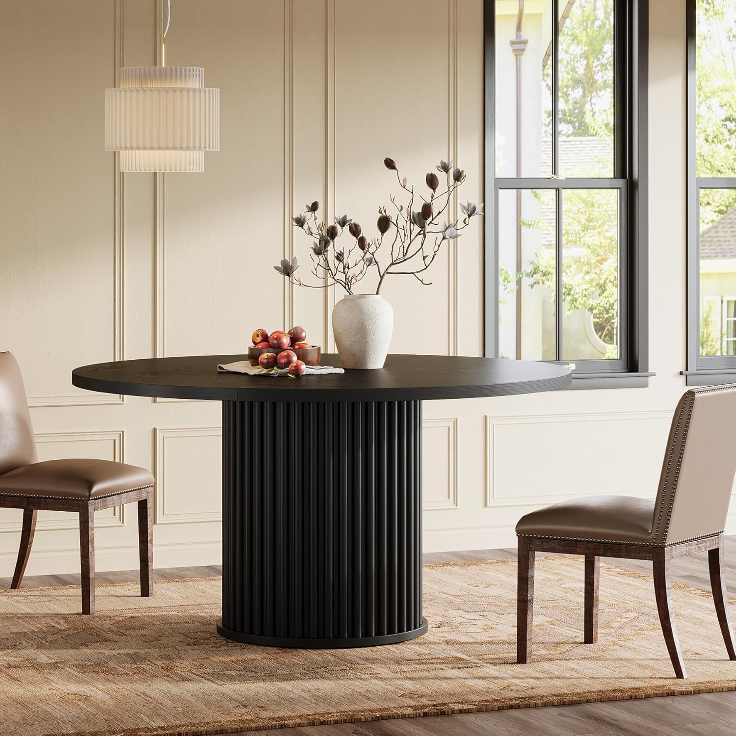Tribesigns 47.24-Inch Black Round Dining Table For 4-6 People, Modern Fluted Mdf + Metal Base Kitchen Table, Sturdy Circle Dining Room Furniture, Black