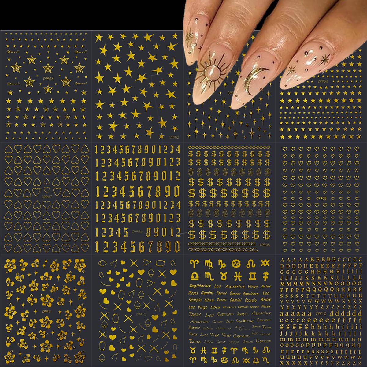 12 Sheets Gold Star Nail Art Stickers 3D Self Adhesive Flower Heart Letter Number Nail Decals Gold Metal Star Nail Art Supplies Manicure Decorations for Women Acrylic Nails DIY Accessories