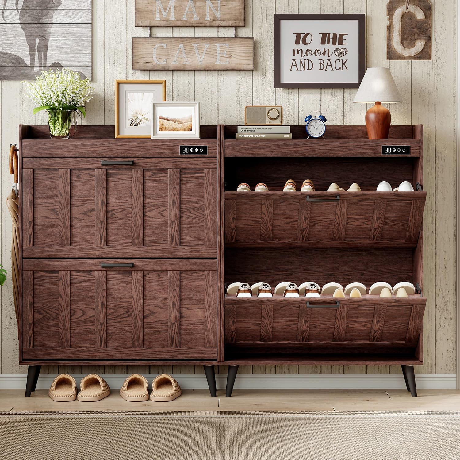 ChooChoo Shoe Storage Cabinet with 2 Flip Drawers, Deodorizing Shoe Organizer Storage for Entryway, Freestanding Hidden Slim Narrow Shoe Rack Cabinet, Walnut