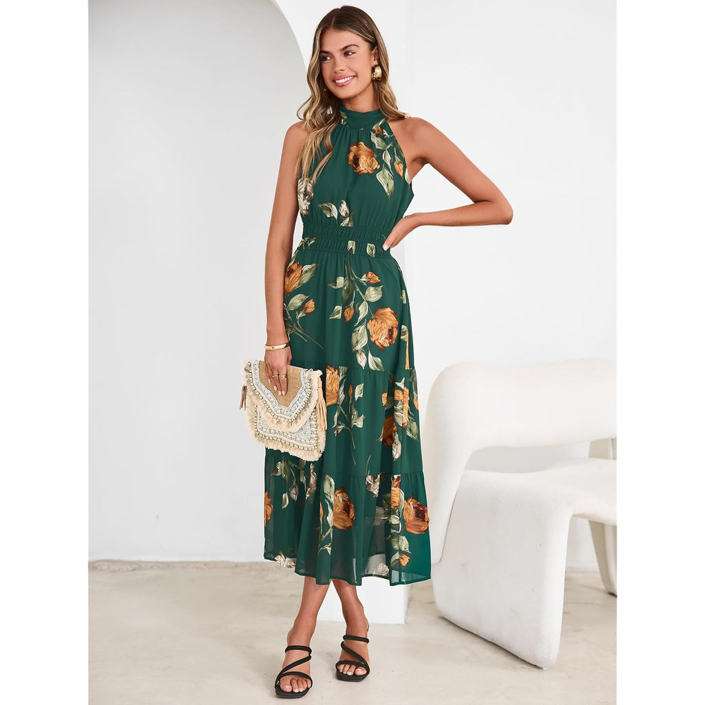Simplee Womens Summer Halter Wedding Guest Dress Maxi Floral Vacation Boho Sundresses Flowy Formal Long Travel Dresses 2026