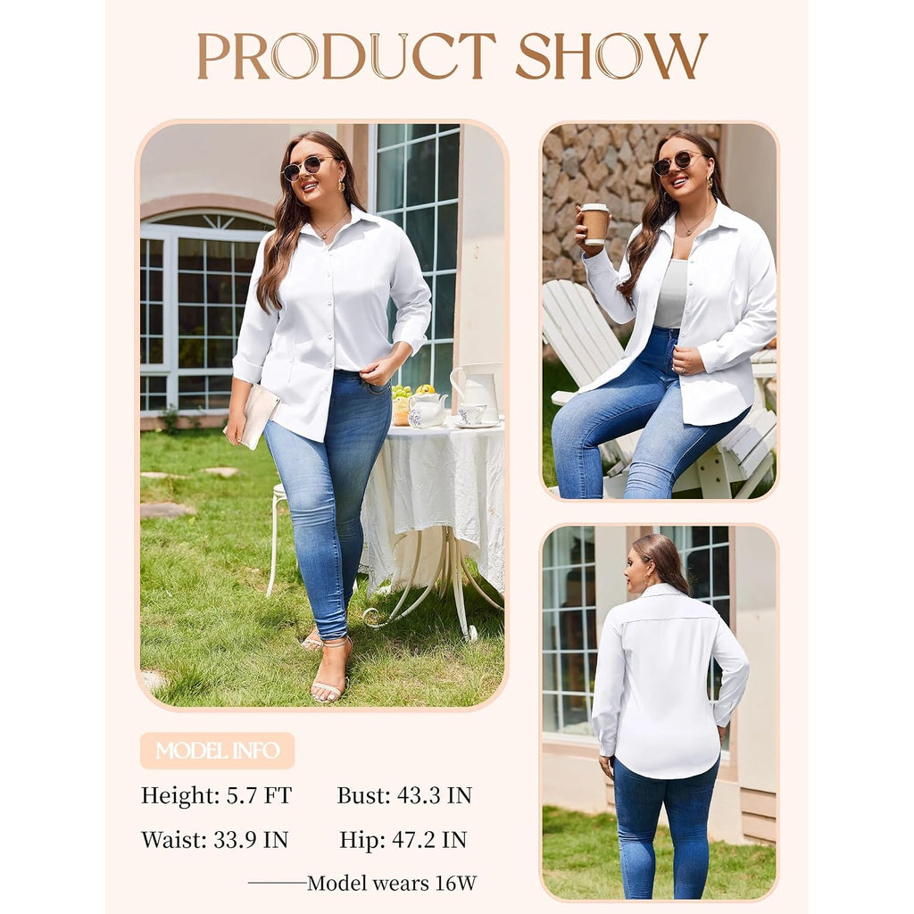 In'Voland Women'S Plus Size Button Down Shirts Long Sleeve Collared Casual Shirt Office Work Blouse Tops
