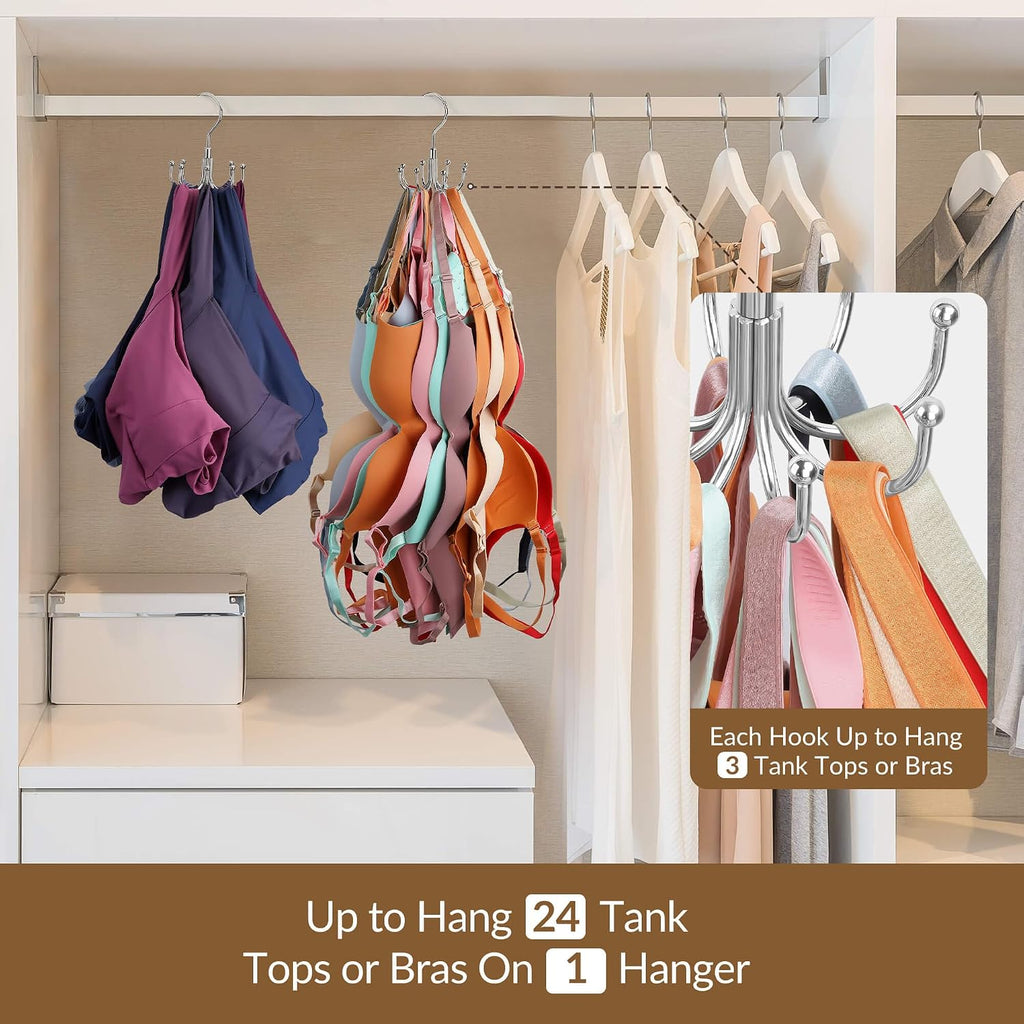 Tank Top Hanger, Rotatable Bra Organzier For Closet, Max 24 Storage Capacity Sport Bras Holder, Metal Space Saving Closet Organizers And Storage, Silver