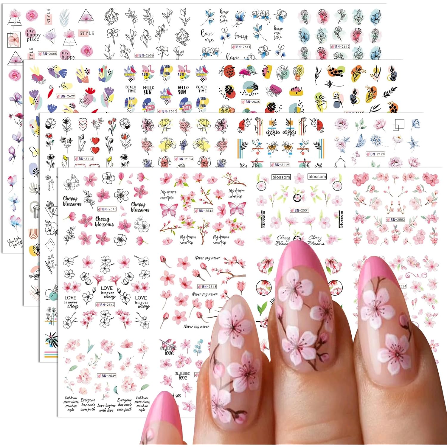 Flower Water Decals for Nails Stickers 48 Designs Colorful Water Transfer Nail Decals Spring Flower Leaf Cherry Blossoms Rose Pattern DIY Manicure Decoration Nail Supplies for Women 4 Sheets