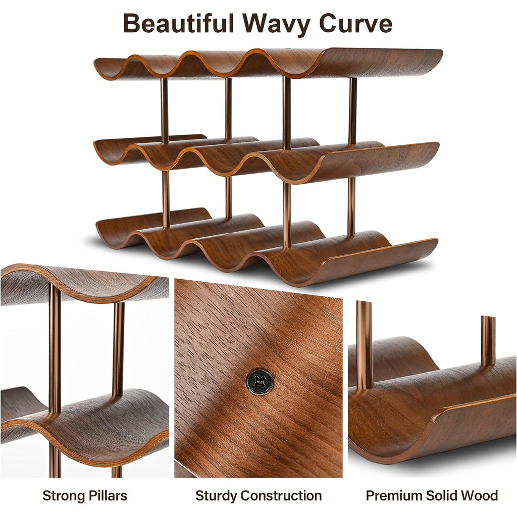 Countertop Wine Rack - 12 Bottle Freestanding Wine Bottle Holder Stand - 3 Tier Wooden Wine Storage Rack - Walnut Wavy Wine Organizer For Cabinet Pantry Home Kitchen Bar