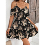 Soly Hux Women'S Boho Floral Print Cold Shoulder Dress Short Sleeve Ruffle A Line Vacation Elegant Mini Dresses