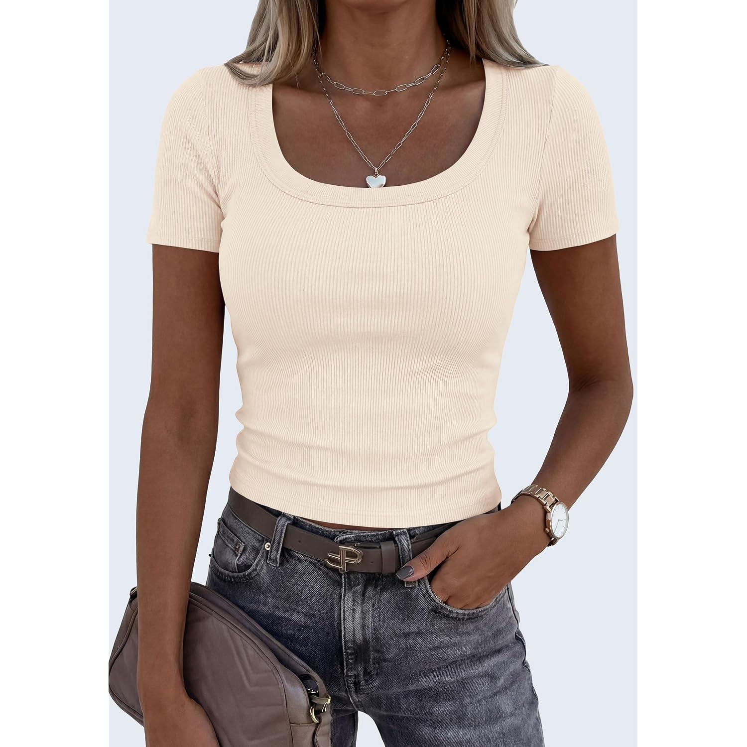 PRETTYGARDEN Scoop Neck Tops for Women 2026 Summer Basic Tees Trendy Short Sleeve Shirts Spring Casual Fitted Ribbed Tops