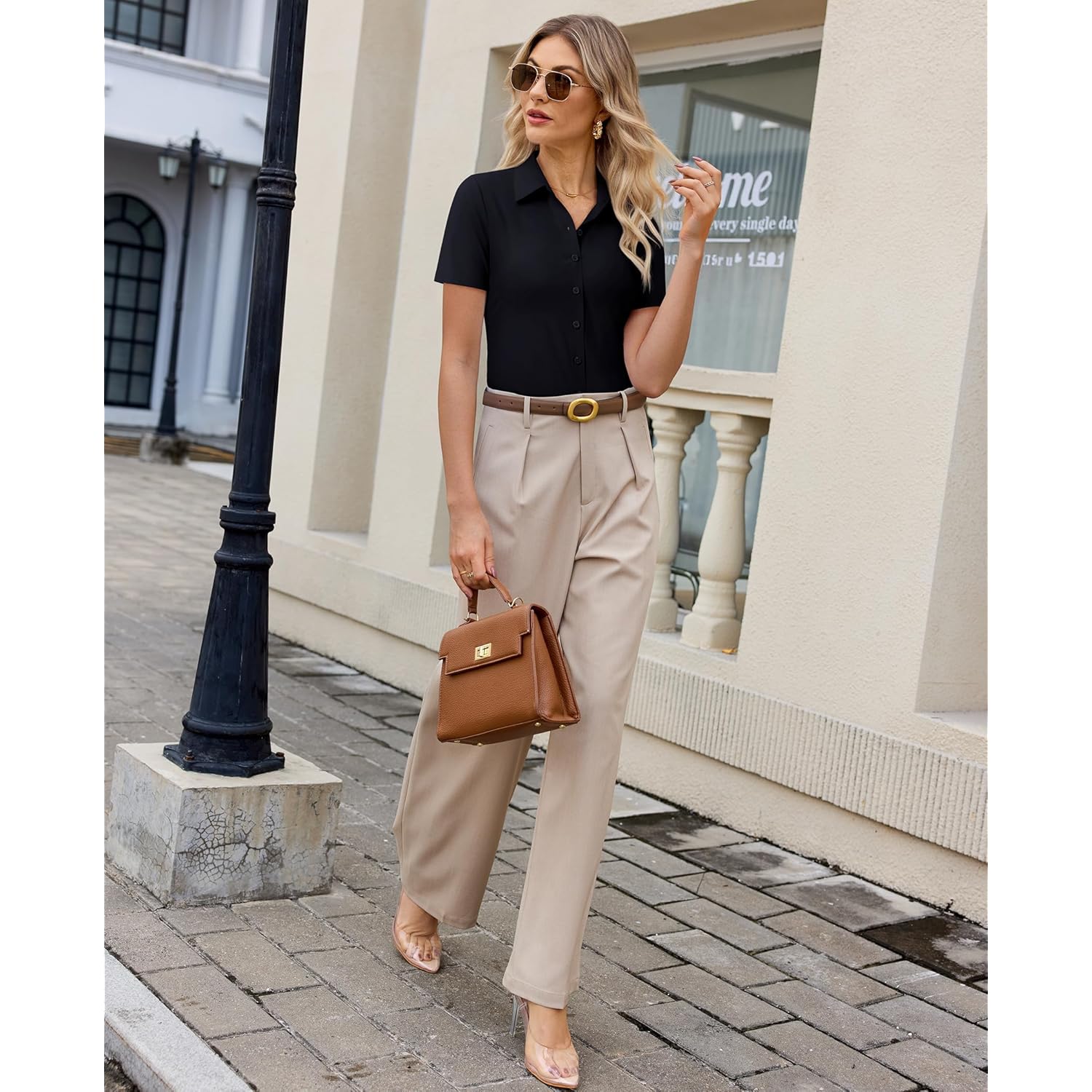 Womens Button Down Shirt Slim Fit Stretch Short Sleeve Dress Shirts Wrinkle Free Solid Formal Work Blouses