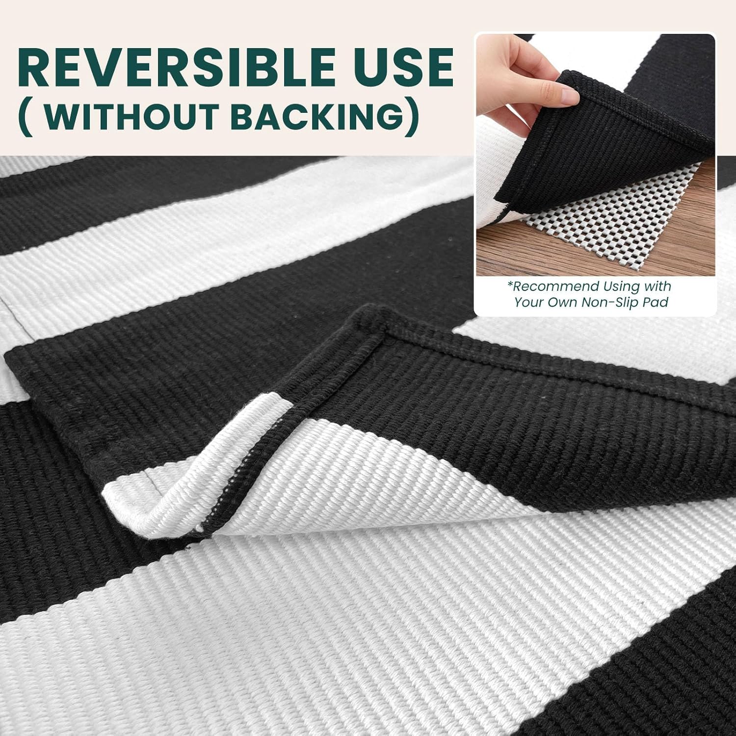 KOZYFLY Black and White Area Rug 27.5x43 Inches Striped Front Door Rug Cotton Washable Indoor Outdoor Rug Doormats Outdoor Small Striped Rugs for Kitchen Entryway Patio Front Porch Decor