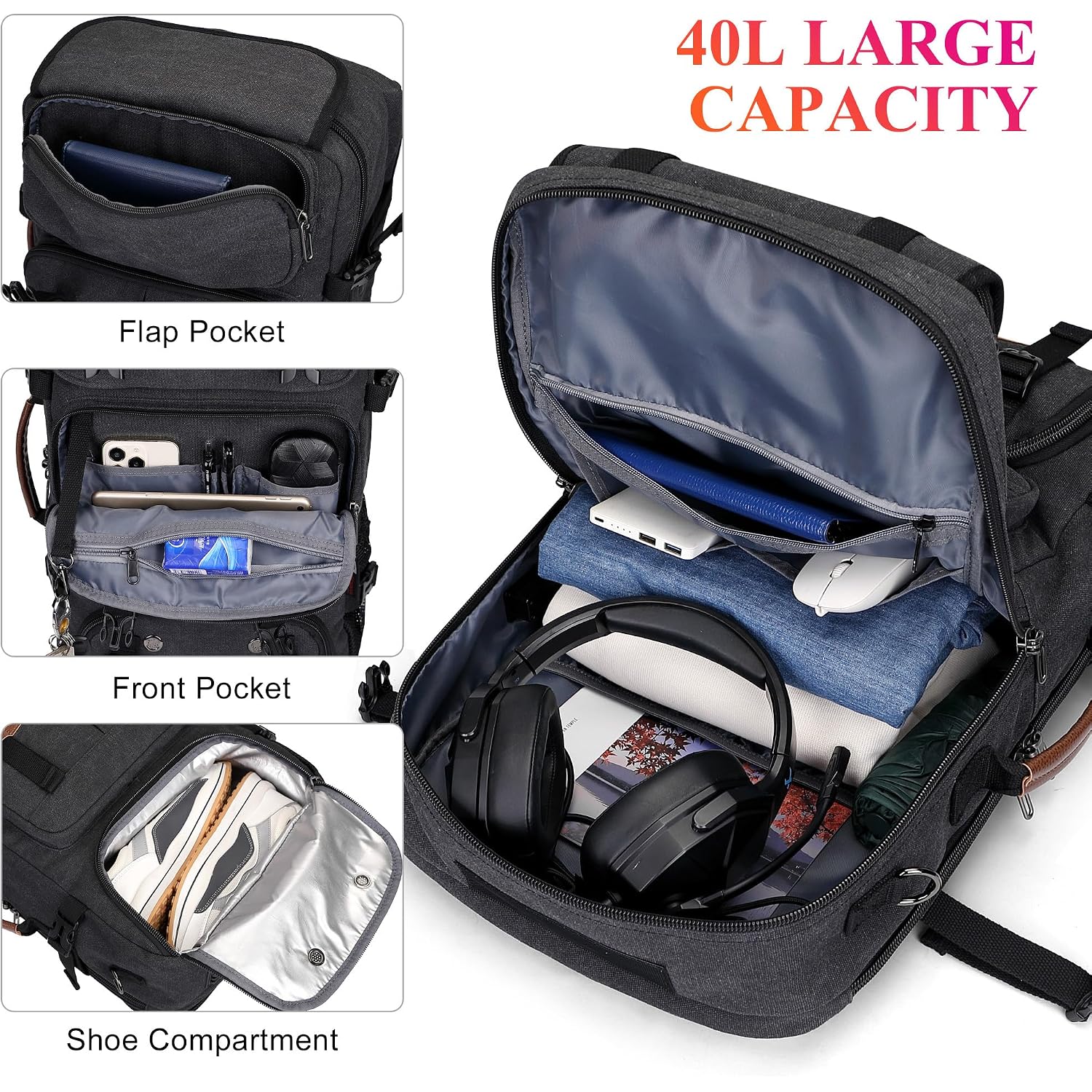 Witzman Travel Backpack For Men 40L Large Carry-On Airline Approved | Canvas 3 In 1 Duffle Luggage Bag Fits 16“ Laptop, Shoe Compartment, For Weekend Getaway, Overnight Trip