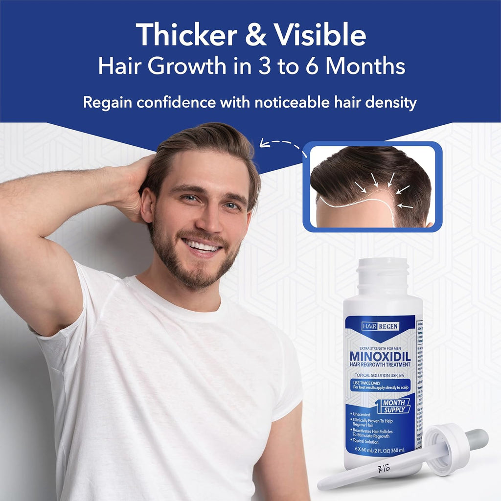 Hair Regen Liquid Minoxidil for Men 5% – Advanced Topical Solution for Regrowth – Growth Treatment for Men Hair Loss 6-Pack as 6-Month Supply Kit