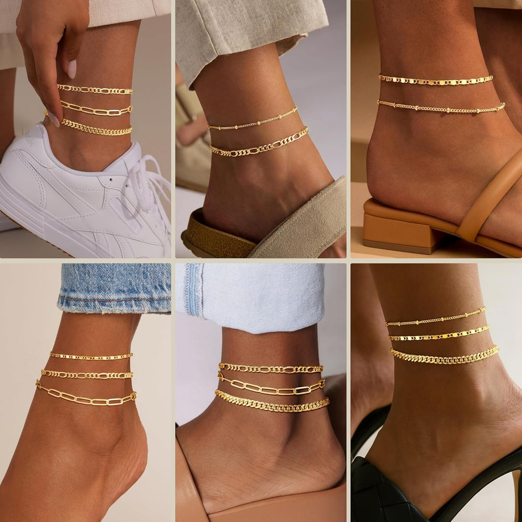 Gokeey Ankle Bracelets for Women, 14k Gold Plated Jewelry Set Waterproof Layered Cuban Figaro Link Chain Anklets Set Gold Anklets Summer Boho Beach Jewelry Gift Adjustable Size