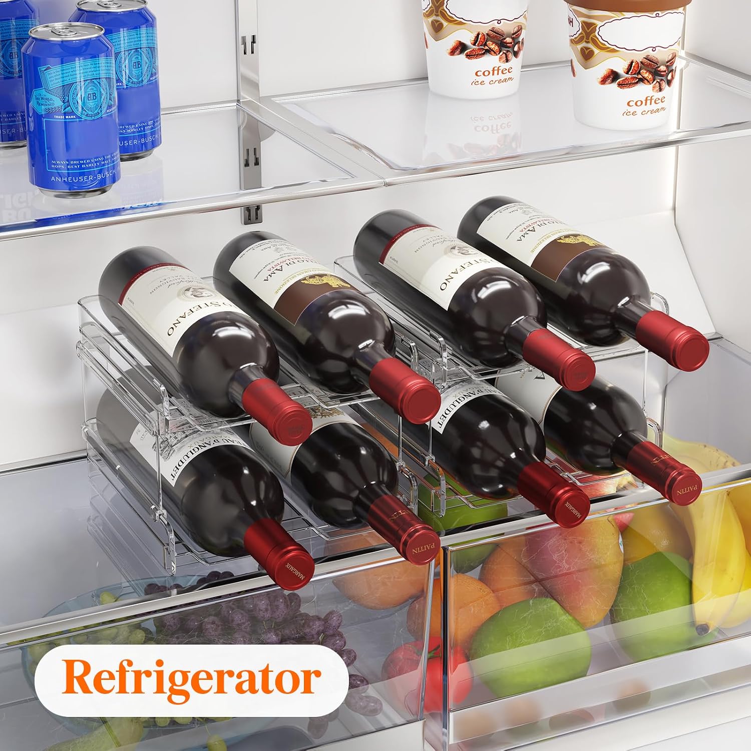 Lifewit Plastic Stackable Wine Rack For Refrigerator, Cabinet, Countertop,Wine Bottle Holder, Water Bottle Organizer For Fridge, Pantry, Hold 4 Bottles