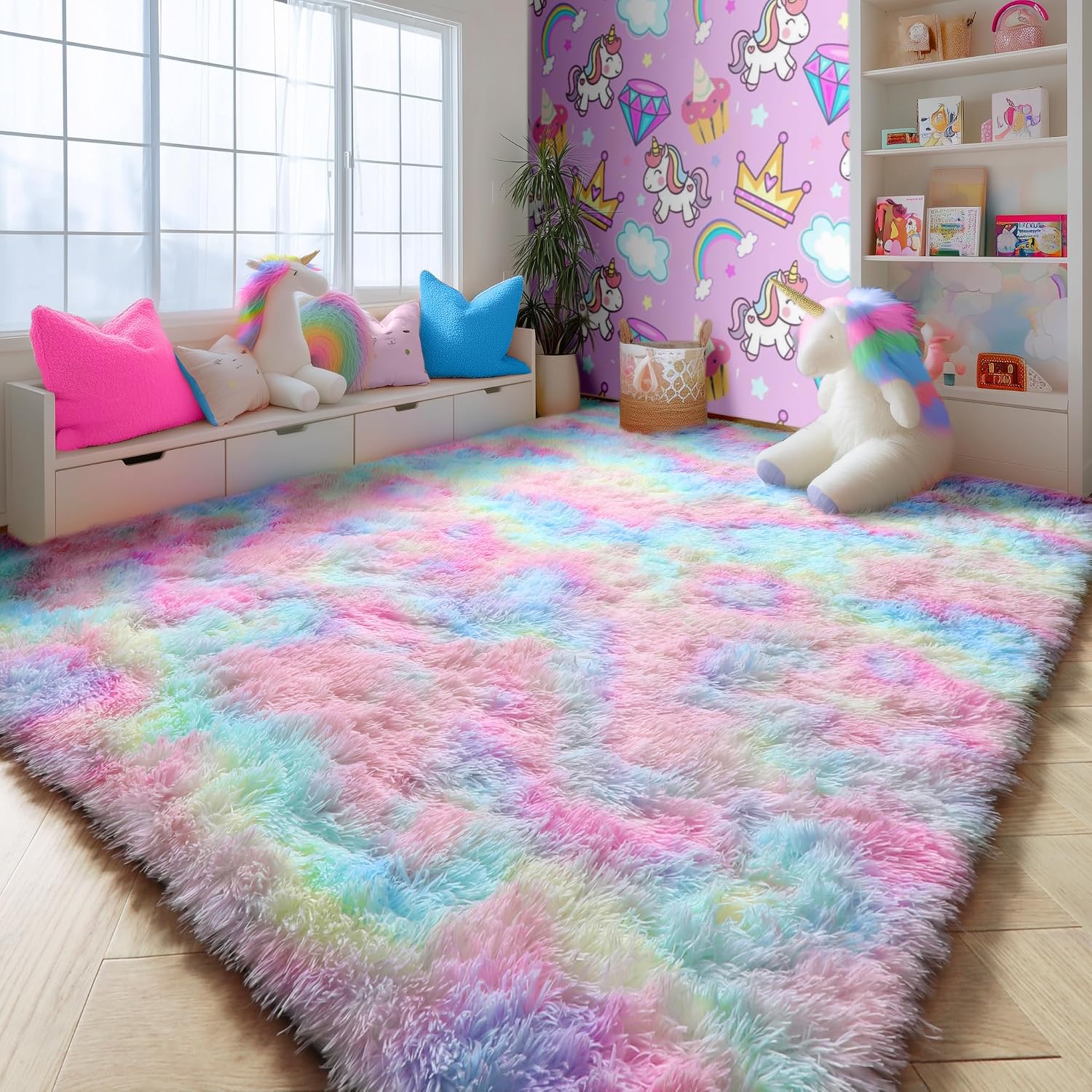 4X6 Rainbow Fluffy Soft Plush Area Rugs For Girls Bedroom, Shaggy Vibrant Rugs For Kids Playroom,Kawaii Princess Fuzzy Rugs For Nursery Baby Toddler,Cute Colorful Room Decor For Teenage