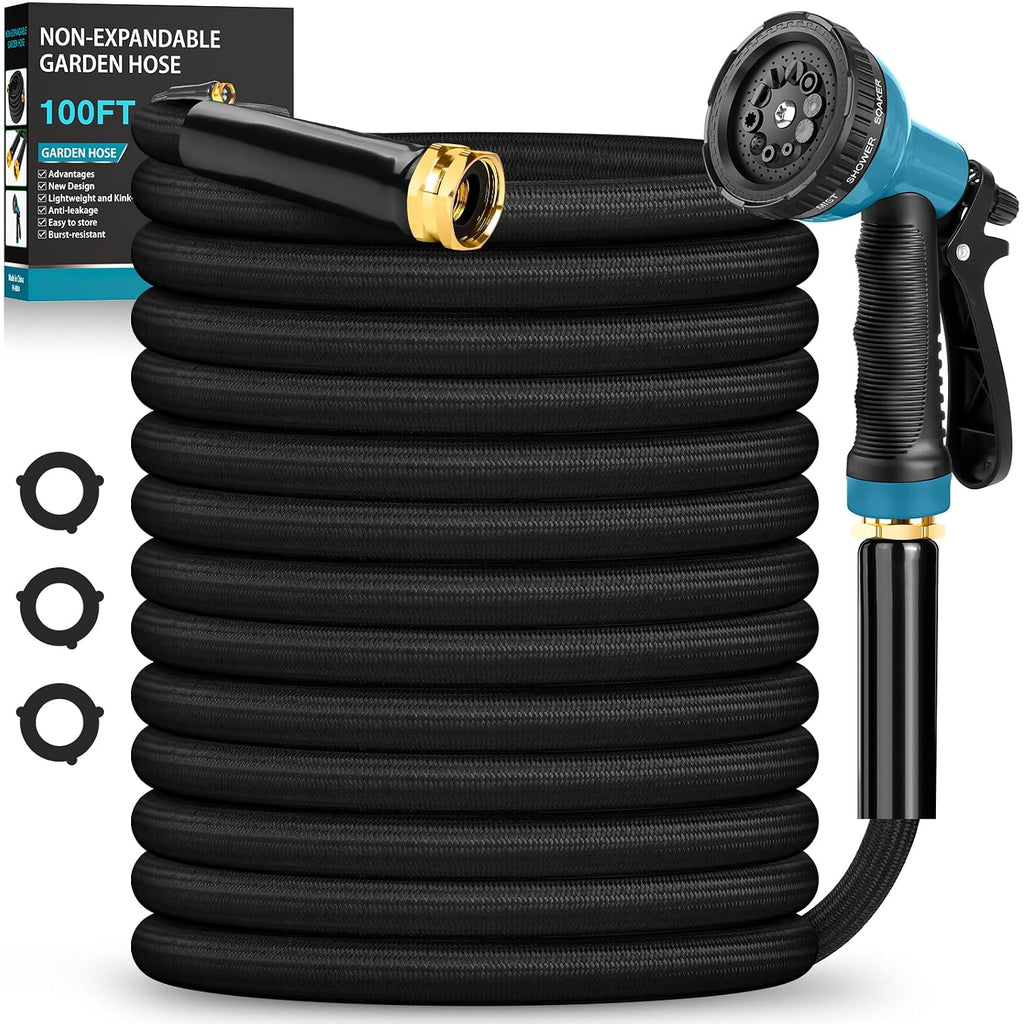 Garden Hose 100Ft Non-Expanding, Lightweight Hose With 10-Function Nozzle, Leak-Proof No-Knot, Easy To Carry, Wear-Resistant, Sturdy 3/4Ght Flexible Water Hose For Outdoor (Black With Nozzle)