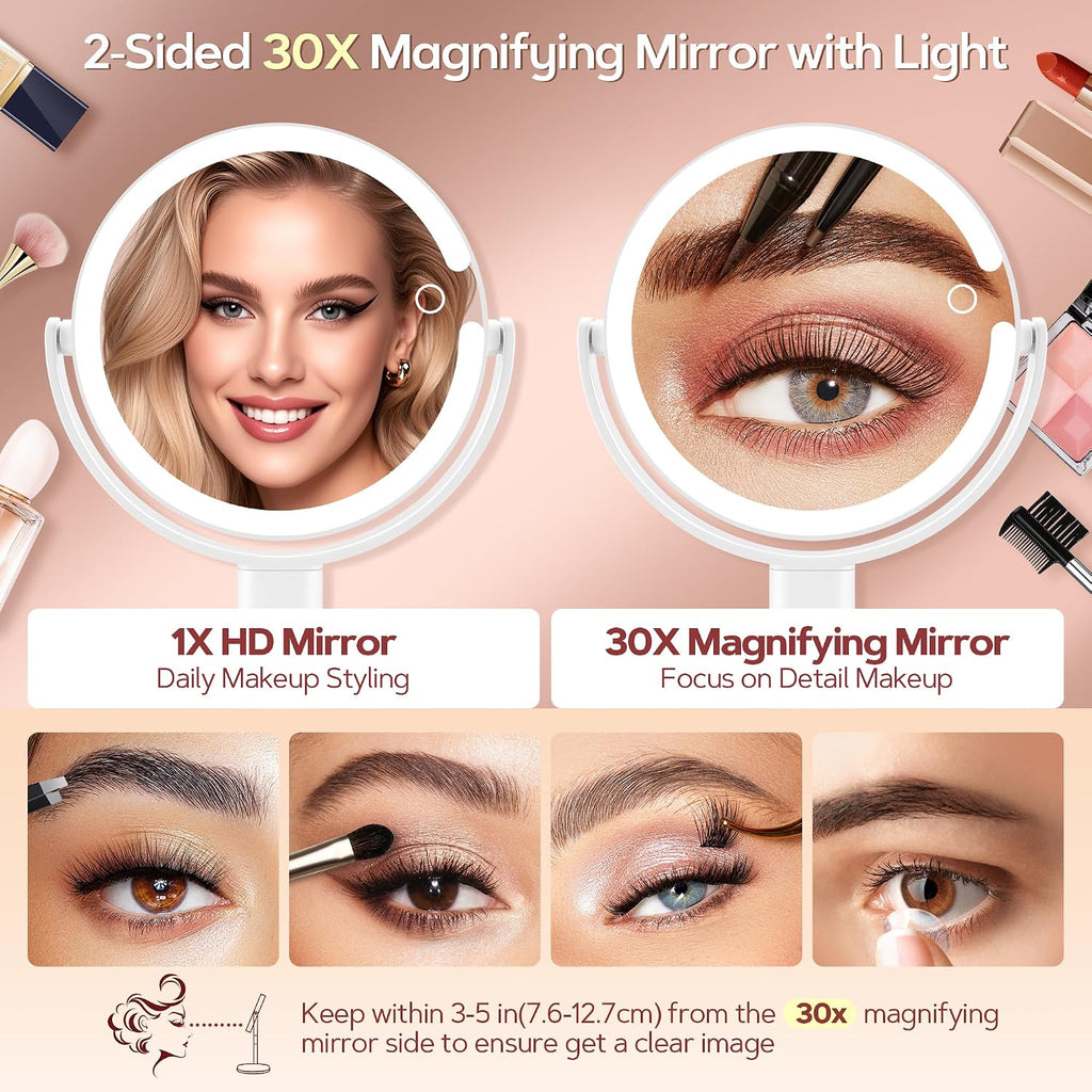 Vanity Mirror With Lights, 30X Magnifying Makeup Mirror With 3 Lighting And Adjustable Brightness, Rechargeable 2-Sided Height Adjustable Desk Mirror For Bathroom, Women Gifts For Mom